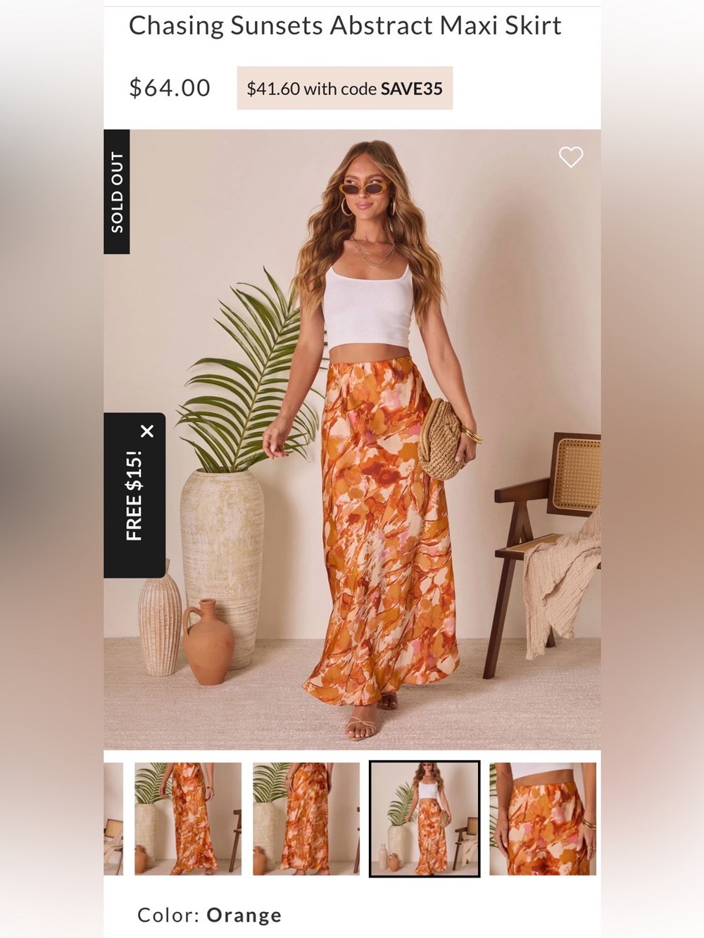 VICI Orange and Coral Abstract Maxi Skirt size M
